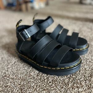 Doc Martens Black Strappy Sandals with Yellow Stitching